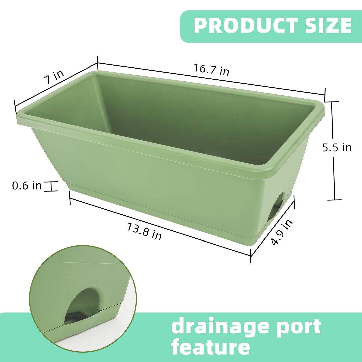 LOCONHA Window Box Planter, Plastic Vegetable Flower Planters Boxes 17 Inches Rectangular Flower Pots with Saucers for Indoor Outdoor Garden, Patio, Home Decor (7, Aqua)