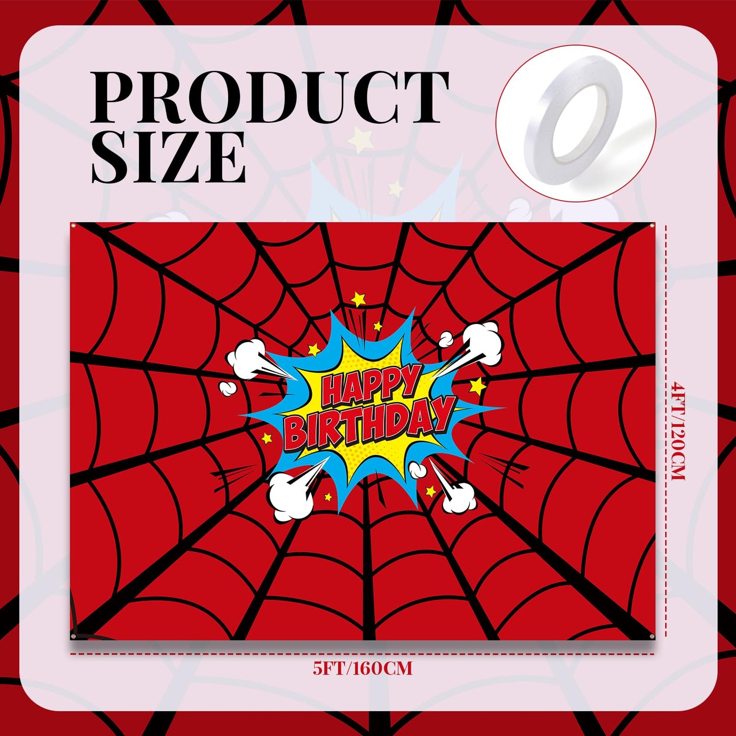Boao 5 x 4 ft Spider Web Happy Birthday Banner Backdrop Large Heros Themed Party Background Photo Booth Props for Boys Birthday Party Baby Shower Photography Decorations Supplies
