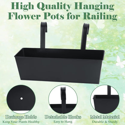 YAYODS 4 Pack Metal Railing Planter Box for Outdoor 16 Inch Hanging Flower Pots for Railing Fence, Deck Hanging Balcony Planters for Garden, Porch, Window (Black)
