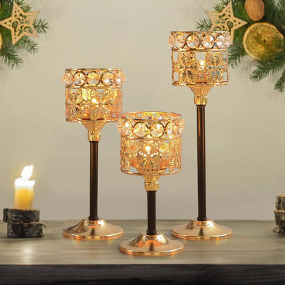 Kehail Set of 12 Floral-Carved Crystal & Metal Tealight Candelabras Bulk- Elegant Gold & Black Wedding Centerpiece, Dining Table Decor, Votive Candle Holders