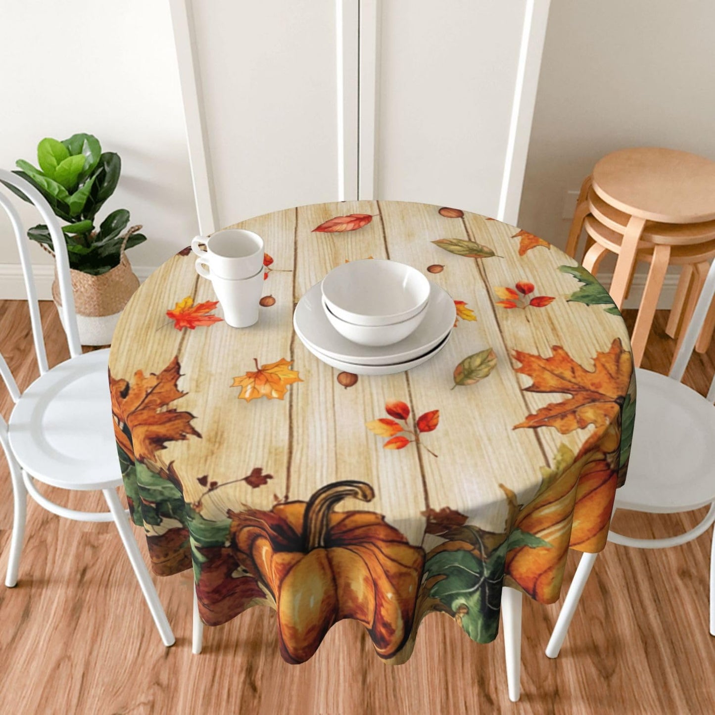 mutakin Fall Pumpkin Maple Leaf Round Tablecloth 60 Inch Washable Reusable Decoration Table Cover for Kitchen Party