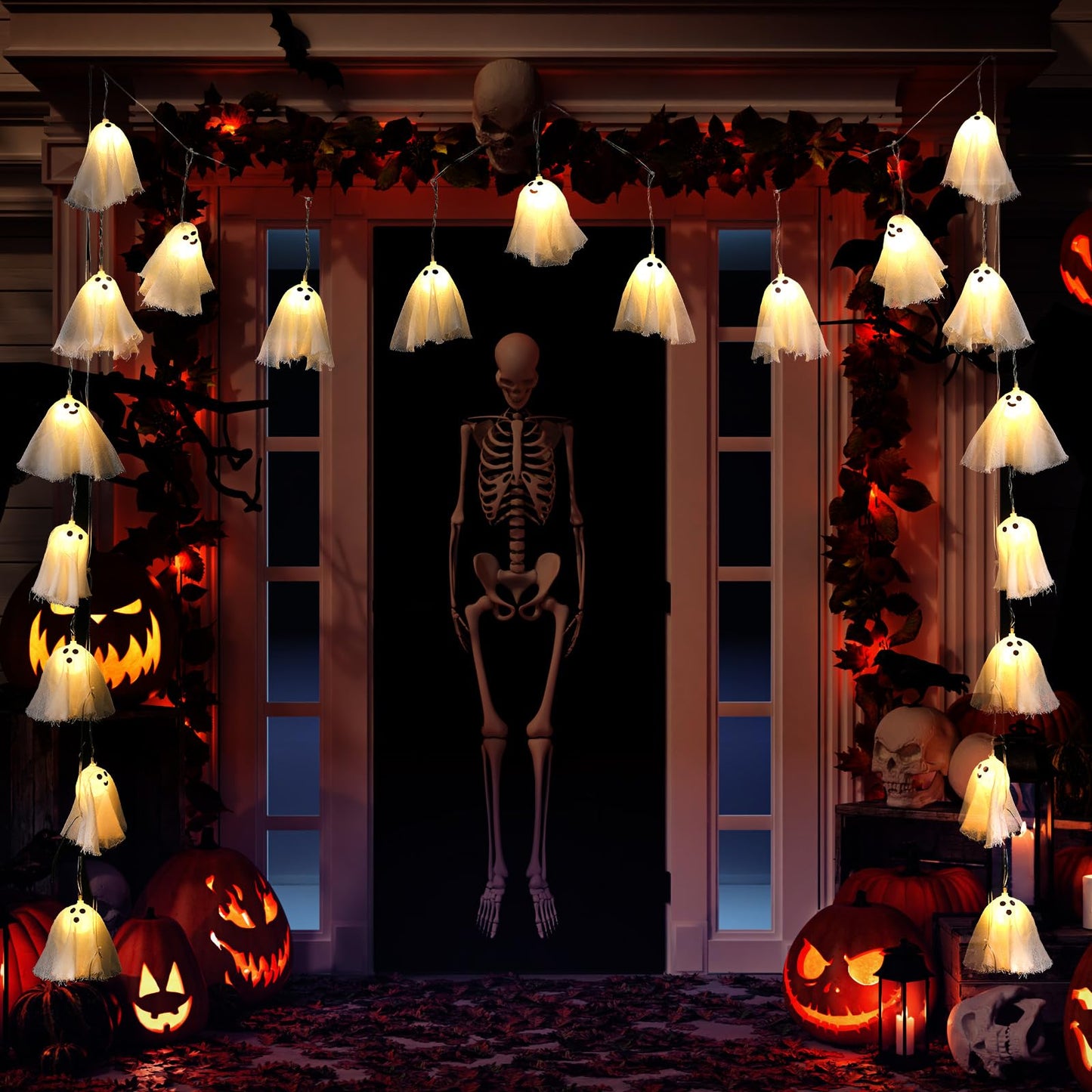 Retisee Halloween Ghost Decor 6.5ft Light up Ghost Garland 12pcs LED Spooky Ghosts String Lights Banner for Home Indoor Outdoor Fireplace Mantle Window Halloween Party Decorations