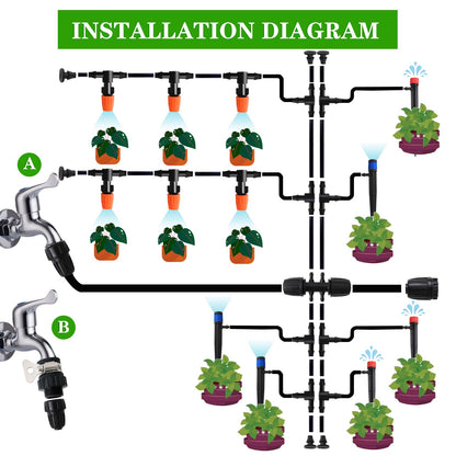 226FT Greenhouse Micro Drip Irrigation Kit Automatic Irrigation System Patio Misting Plant Watering System with 1/4 inch 1/2 inch Blank Distribution Tubing Hose Adjustable Nozzle Emitters Sprinkler