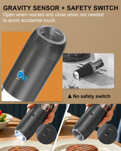 Soenglyun Gravity Salt and Pepper Grinder Set with Charging Base, Automatic Salt Grinder Electric with LED Light & 6 Adjustable Coarseness, One-Handed Operation and 176ml Capacity, Black