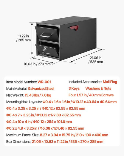 VEVOR Post Mount Mailbox, Anti-Pry & Anti-Theft Mailboxes for Outside, Heavy Duty Lockable Mail Box with Magnetic Door, Weather-Resistant Metal Post Box for House Outside 21.06 x 10.63 x 11.22 in