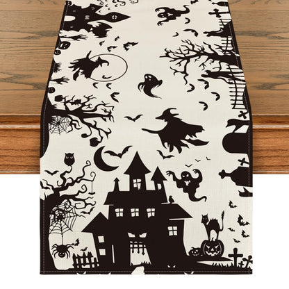 Artoid Mode Black White Spooky Haunted House Tree Ghost Witch Halloween Table Runner, Kitchen Dining Table Decoration for Home Party Decor 13x90 Inch