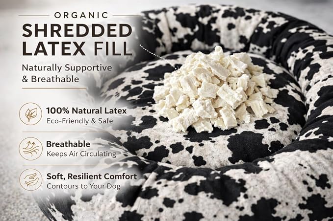 Round Dog Bed – Natural Canvas, Removable Washable Cover, Raw Cotton or Latex Fill, Hypoallergenic Non-Toxic, Made in USA (Cow Print Black White, Medium, Firm Support – Raw Cotton)