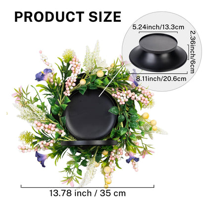 MOYEE Spring Candle Holder Centerpieces for Tables,Candle Ring, Black Metal Candlestick with an Artificial Wreath 14 in Versatile Dining Table Centrepiece (Purple Trumpet Flower Wreath)