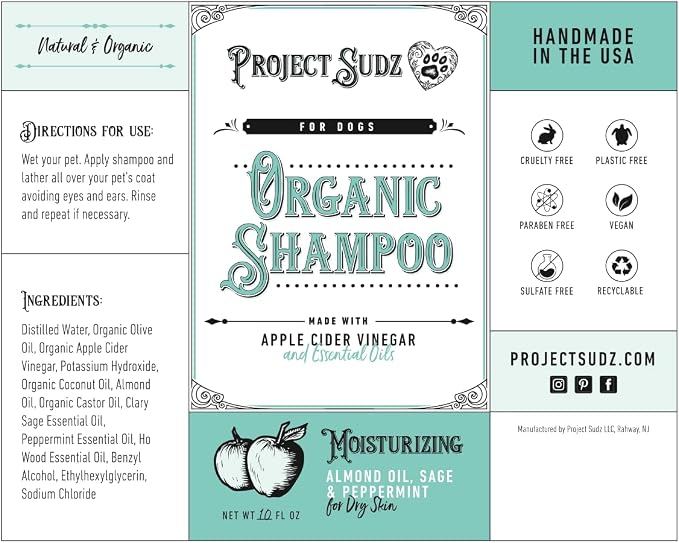 Project Sudz Moisturizing Organic Dog Shampoo – Almond Oil | All Natural Liquid Dog Shampoo for Dry Skin | Gentle, Nourishing, Eco-Friendly, Made in USA