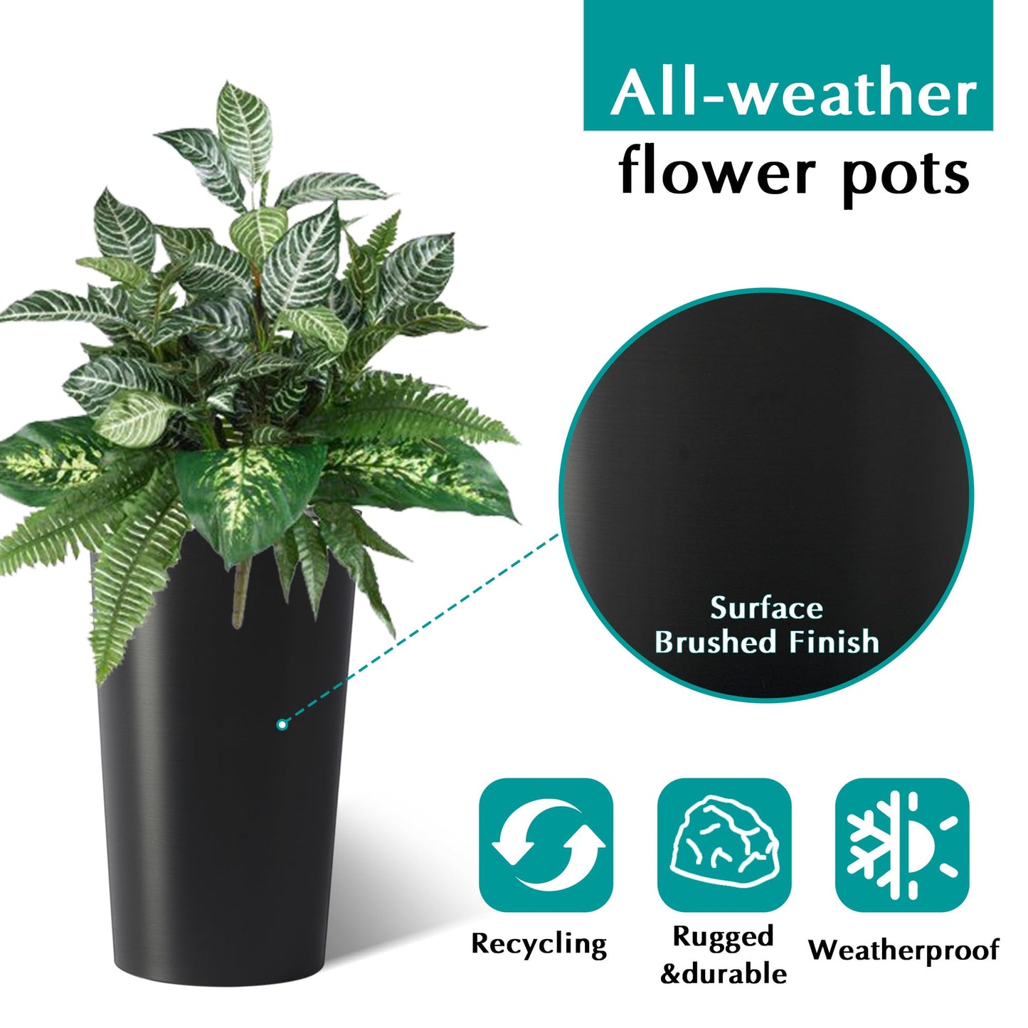 GDFStudio 21.7" Tall Planters Set of 2, Large Planter Pots with Drainage Holes, UV and Crack Resistant, Modern Matte Finish for Indoor Outdoor Balcony Patio Garden, Black