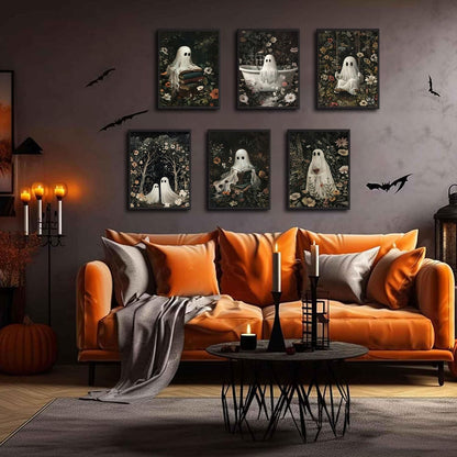 6 Pcs Flower Bush Ghost Wall Art Ghost Reading Swing Bathtub Wall Decor Pictures Halloween Dark Forest Cute Ghost Poster Prints for Dark Academy Bathroom Bedroom Home Decoration 12x16in Unframed
