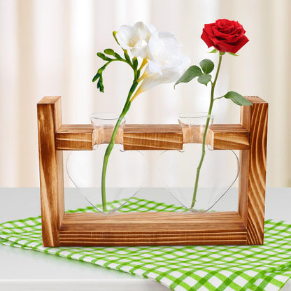Ipetboom Heart-Shaped Glass Hydroponic Planter Vase with Wooden Stand, Glass Propagation Station for Indoor Plants, Home Décor Terrarium Set