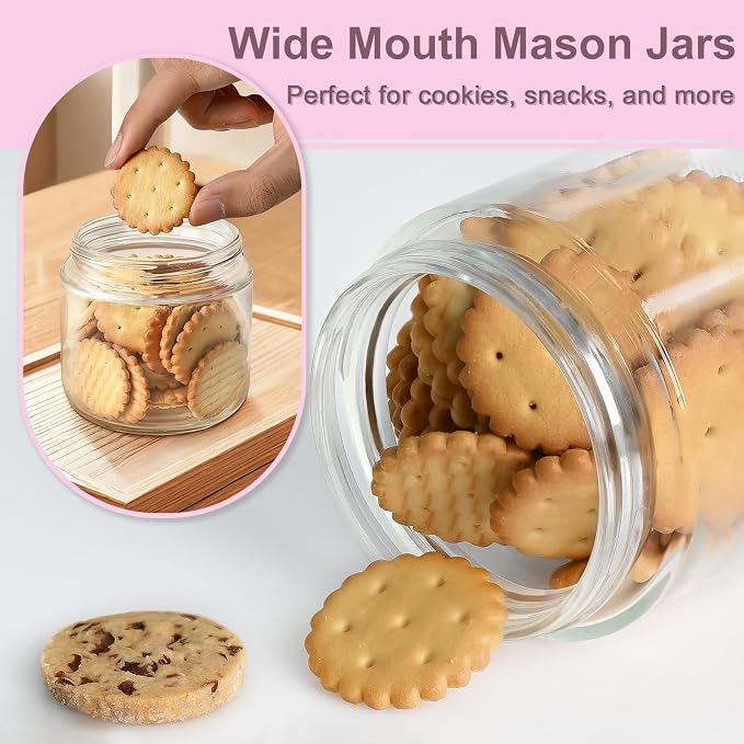 Overnight Oats Containers with Lids, 10oz Wide Mouth Mason Jars with Lids, 9 Pack Glass Jars with Airtight lid for Chia Pudding Yogurt Salad, Meal Prer Oatmeal Jars, Pink