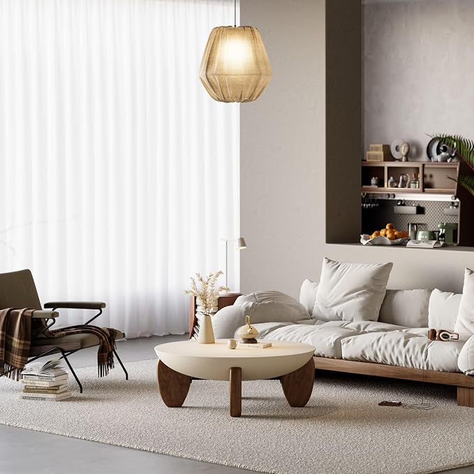 homary Round Concrete Coffee Table with Premium Walnut Ash Wood Legs, Modern Minimalist Cement Finish Center Table for Living Room (Beige, 37.4" W x 37.4" D x 14.4" H)