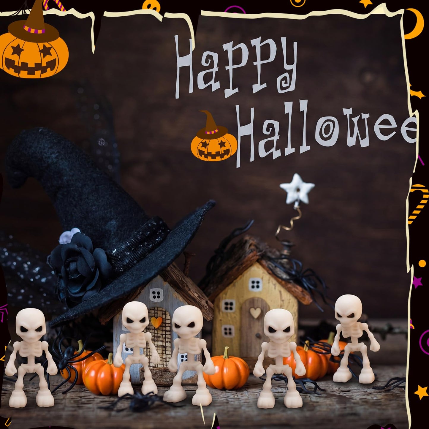 Junkin 50 Pcs Halloween Mini Skeleton Figures Tiny Skulls Cute Design Soft Rubber Skeleton Decorations Miniature Skulls Figures Ornaments for Indoor Fireplace Haunted House Accessories Party