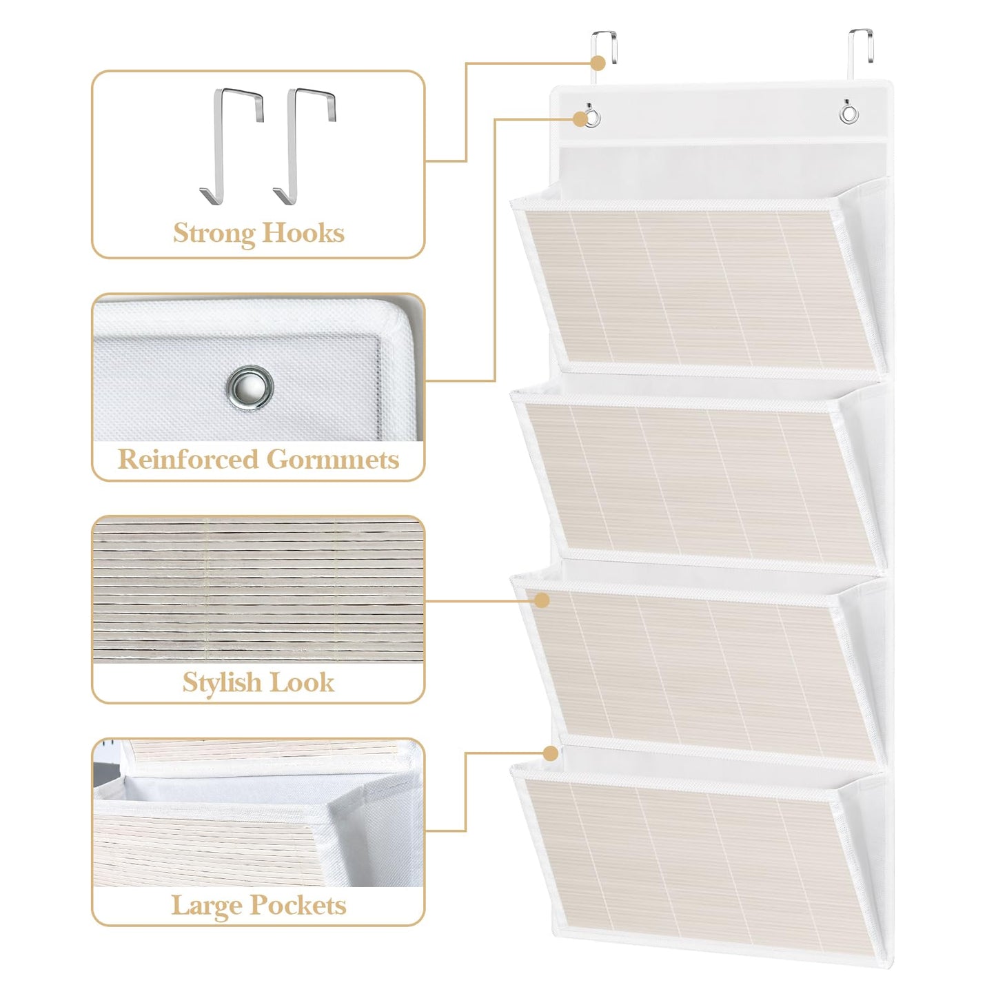 homyfort hanging wall file organizer, Over the door file folder organizer with 4 Large Bamboo Pockets, Suitable for Home, Office, Back to School Supplies Storage and Organization (White)