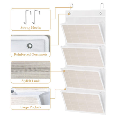 homyfort hanging wall file organizer, Over the door file folder organizer with 4 Large Bamboo Pockets, Suitable for Home, Office, Back to School Supplies Storage and Organization (White)