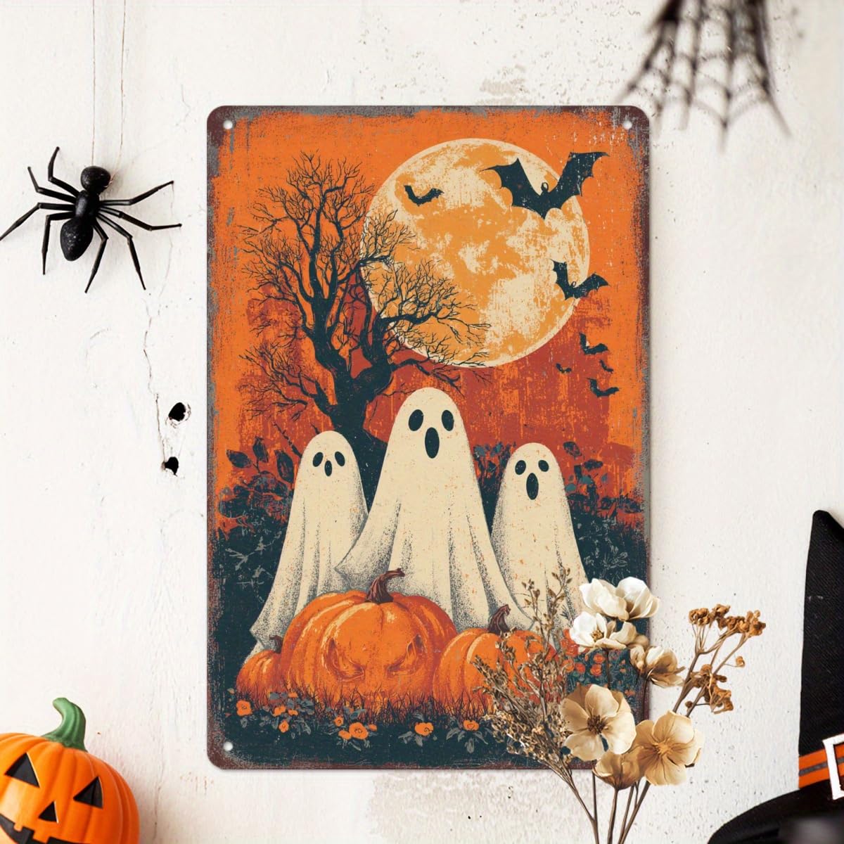 Halloween Three Ghosts Full Moon Pumpkin Spooky Retro Metal Tin Sign Wall Art Decor for Home Farmhouse Front Door Halloween Party Indoor Outdoor 8x12 Inch