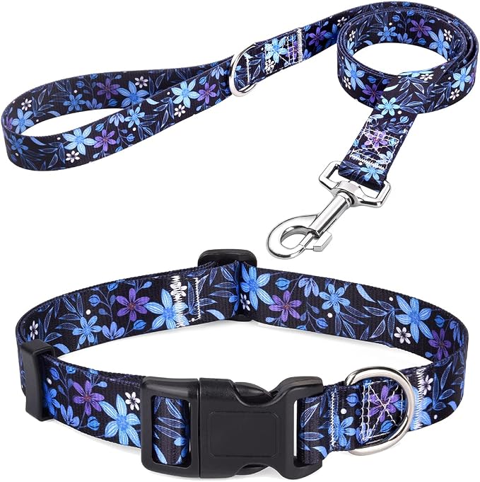 Mihqy Dog Collar and Leash Set with Bohemia Floral Tribal Geometric Patterns - Soft Ethnic Style Collar Adjustable for Small Medium Large Dogs(Blue Floral Set,XS)