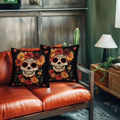 FexNuvko Sugar Skull Throw Pillow Covers 18x18 Set of 2, Day of the Dead Skull Floral Cushion Covers, Gothic Boho Decorative Pillowcase for Sofa Couch Living Room, Halloween Fall Home Decor