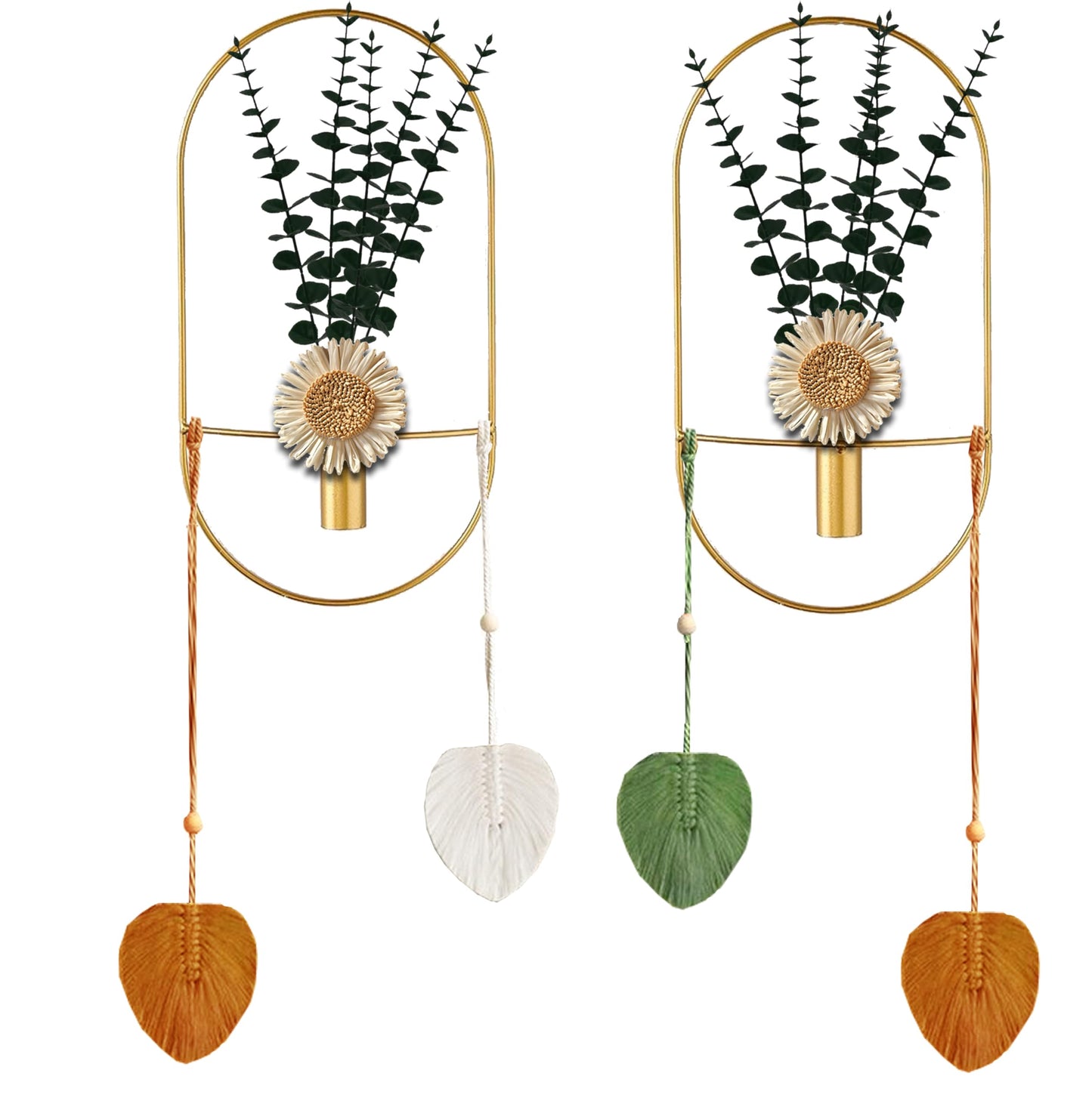 Black Plant Decor, Wall Mounted Metal Vase, Wall Mounted Metal Art for Living Room, Bedroom, Bathroom, Dining Room, Faux Plant Wall Decor (Large 2 Piece Set Gold)