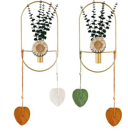 Black Plant Decor, Wall Mounted Metal Vase, Wall Mounted Metal Art for Living Room, Bedroom, Bathroom, Dining Room, Faux Plant Wall Decor (Large 2 Piece Set Gold)