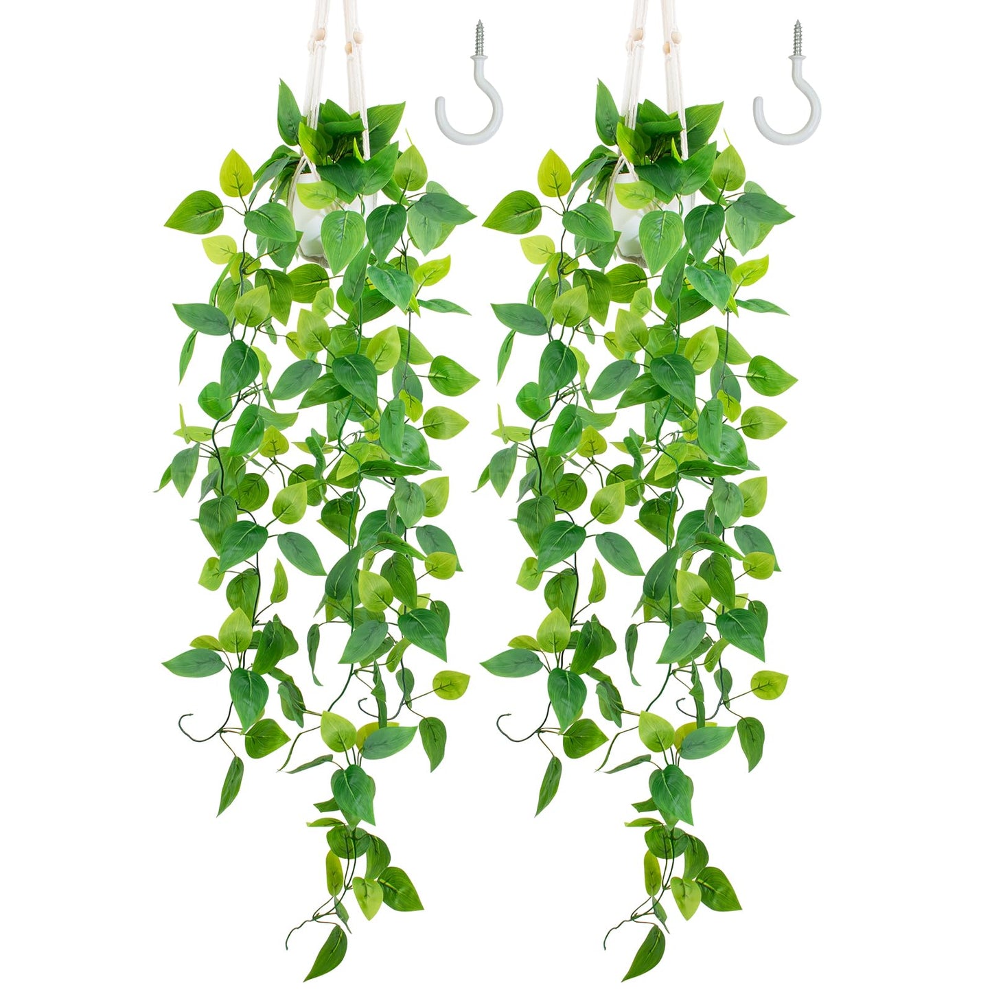 LOYWREE 2 Pack Artificial Hanging Plant Kit with Pot and Hanger - 39" Long Fake Pothos Vines - Hanging Potted Faux Plant Indoor for Wall Ceiling Bedroom Bathroom Living Room Home Decor (White Pot)