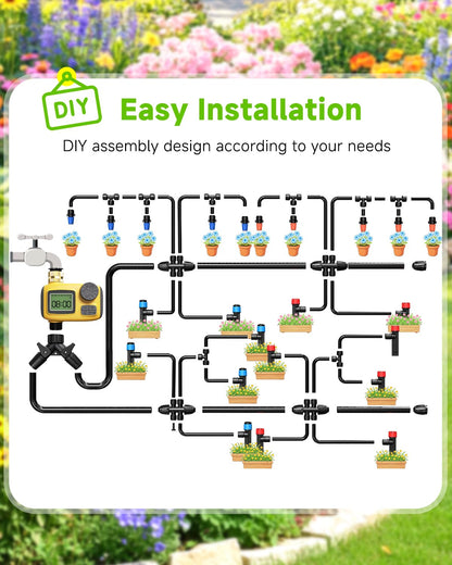 MQJIAZHI 246FT Drip Irrigation System with LCD Timer, Automatic Watering System Kits,1/2 Inch Hose 1/4 Inch Distribution Tubing 3 Sprayer Types, for Garden, Greenhouse, Garden, Lawn
