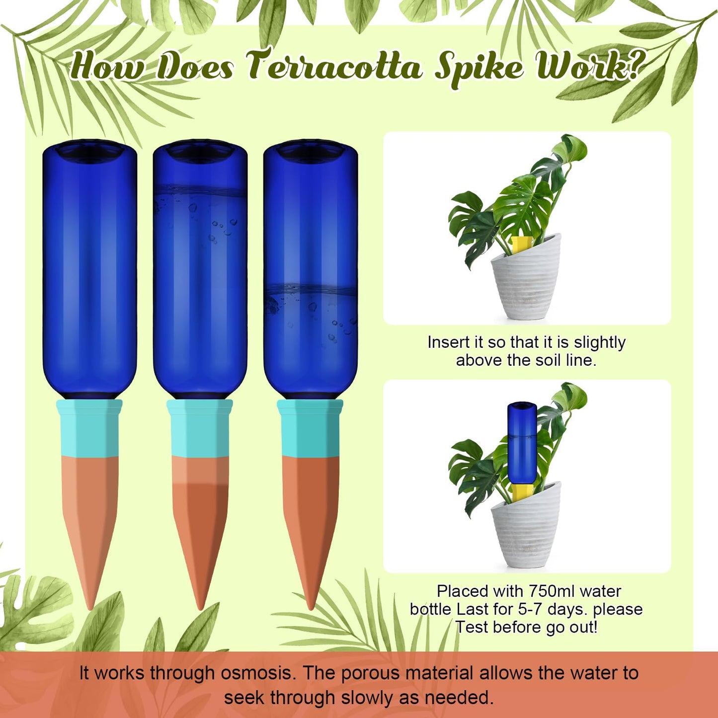 SiliFine 6 Sets Plant Watering Devices Include Terracotta Self Watering Spikes and 26 oz Plastic Bottles, Slow Release Vacation Insert Automatic Plant Waterer Device (Blue and Mixed Color)