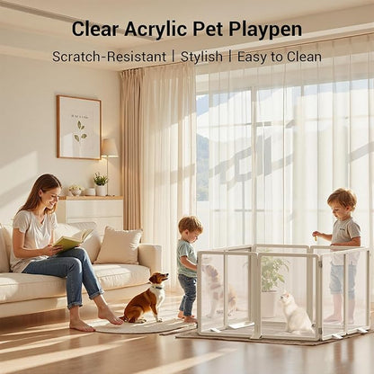 Clear Acrylic Pet Playpen, 25.6" H Transparent Dog Fence with Support Feet, Sturdy & Stylish Indoor Enclosure for Puppy, Cat, Rabbit, Easy to Assemble & Clean