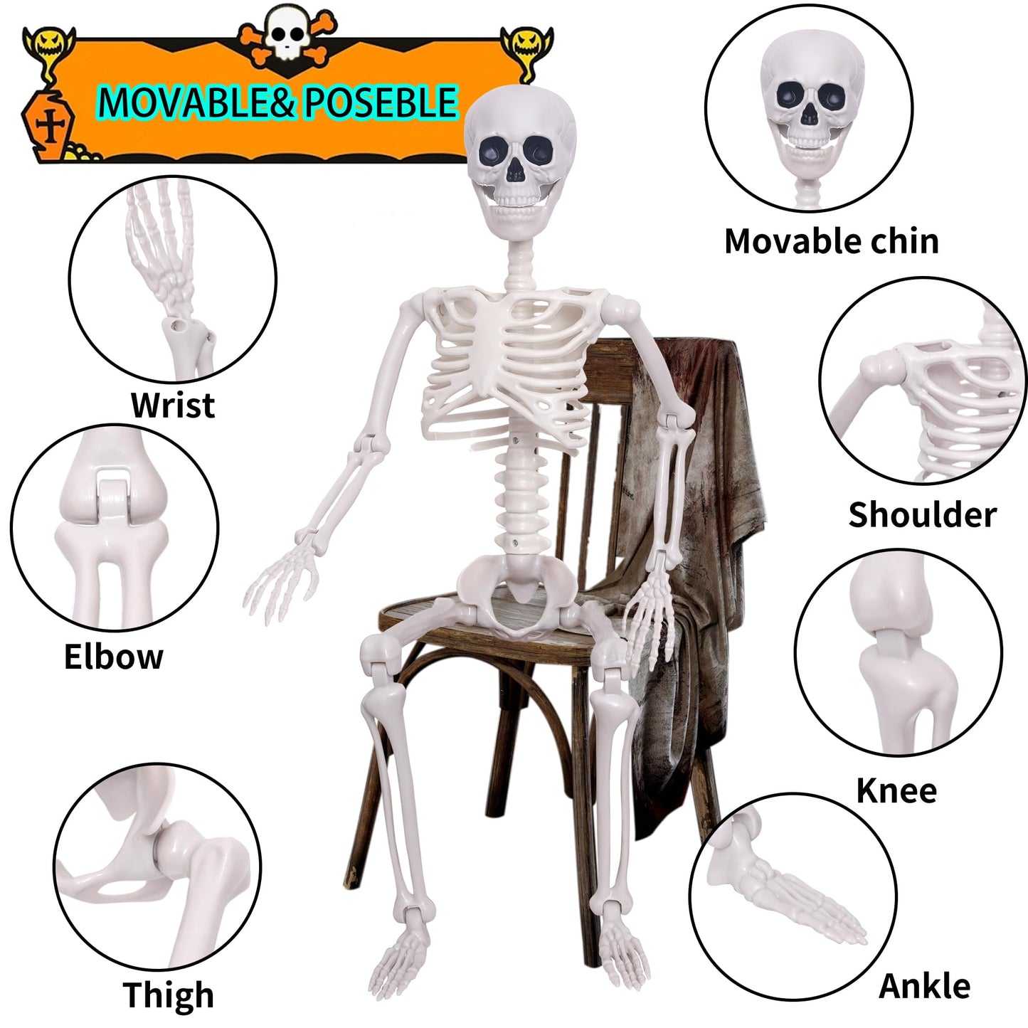 QSBOFOST 2Pack Skeletons Decorations,3FtLife Size Skeleton Posable Skeleton with Movable Joints for Halloween Decorations