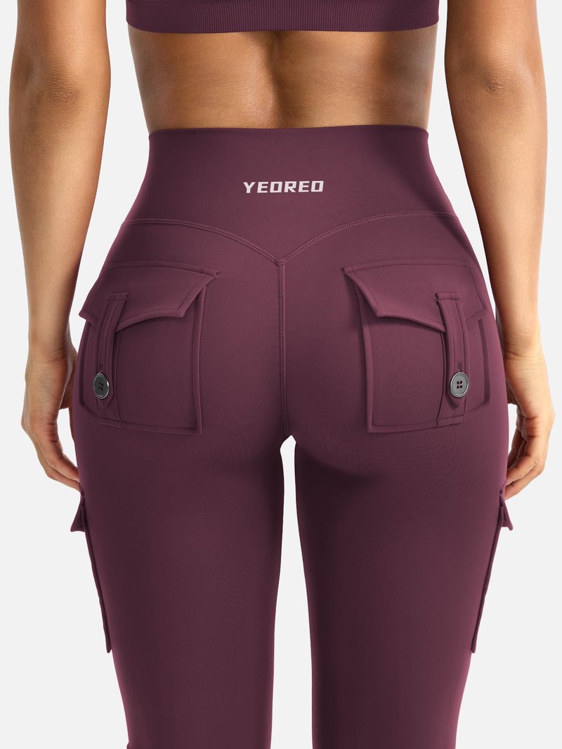 YEOREO CoreFlex Women Workout Flare Leggings with Pockets Scrunch Cargo Gym Yoga Leggings Black Cherry S
