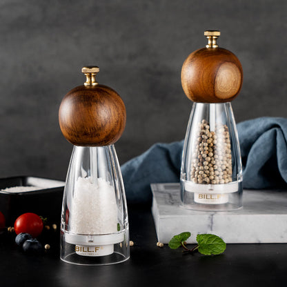 Wood Salt and Pepper Grinders Refillable Set of 2 - Refillable Acrylic Salt Shaker or Pepper Shaker Two 5 oz Salt - Pepper Mill or Salt Mill - Spice Grinder - Easy Clean Ceramic Grinders