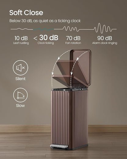 SONGMICS Trash Can, 13 Gallon (50 L) Slim Garbage Can for Kitchen, with Soft-Close Lid, Pedal, Removable Inner Bucket, Stainless Steel, 15 Trash Bags, Space-Saving, Brown ULTB350MZ01