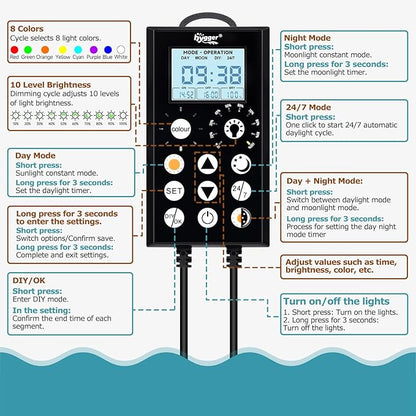 hygger 18W Aquarium Light, 24/7 & DIY Mode Fish Tank Light with Timer, IP68 Waterproof Full Spectrum, 8 Colors, 10 Brightness Day & Night Cycle Memory Function for 12-18 Inch Tank