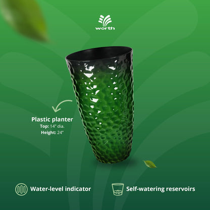 Worth 2 Pack 24" Tall Large Plastic Planter with Drainage Hole, Round Decorative Flower Plant Pit for Indoor or Outdoor Gardening, Glossy Green