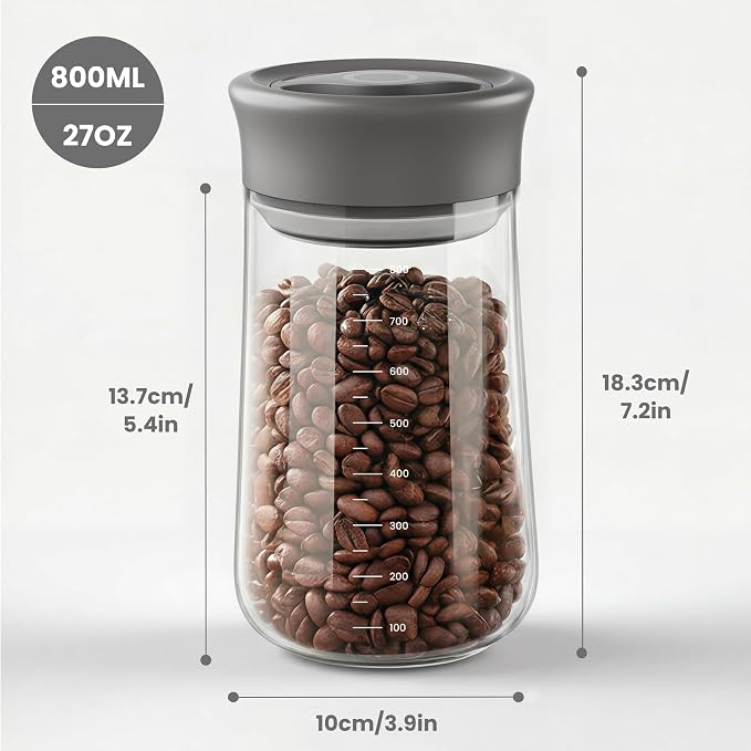 LAKUMIQI Overnight Oats Containers with Lids, 17oz Glass Jars with Airtight Lids, One-Hand 90° Twist-Off Wide Mouth Food Storage for Coffee Bean, Chia Pudding, Meal Prep, Pantry, Grey