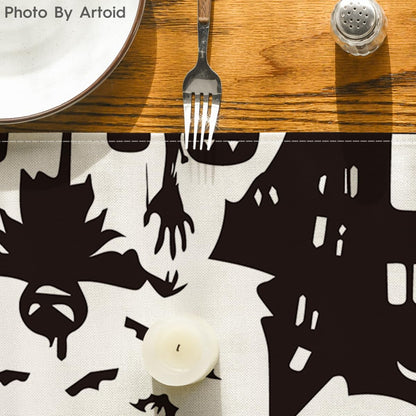 Artoid Mode Black White Spooky Haunted House Tree Ghost Witch Halloween Table Runner, Kitchen Dining Table Decoration for Home Party Decor 13x90 Inch