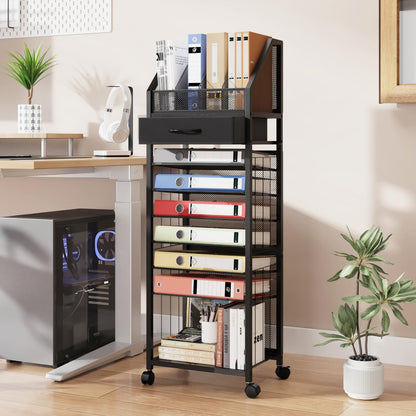SWTYMIKI 9-Tier Rolling File Cart - Paper Organizer with Drawer and Trays, Wood Desk Office Organizer, Office Organization and Binder Storage for Workspace, Home, School, Black