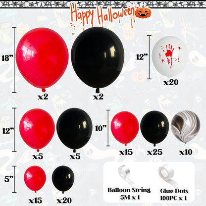 Halloween Balloons Garland Arch Kit, 125 PC Red Black Scary Balloons with Marble Bloody Hand Prints, Horror Decorations for Scream Creepy Gothic Halloween