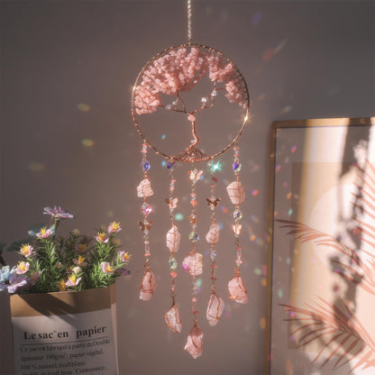 Pink Dream Catchers Crystal Tree of Life Dreamcatcher with Rose Quartz Butterfly Crystal Suncatcher for Windows Hangings Prism Decor Wall Bedroom Decoration Gifts for Boys Adults