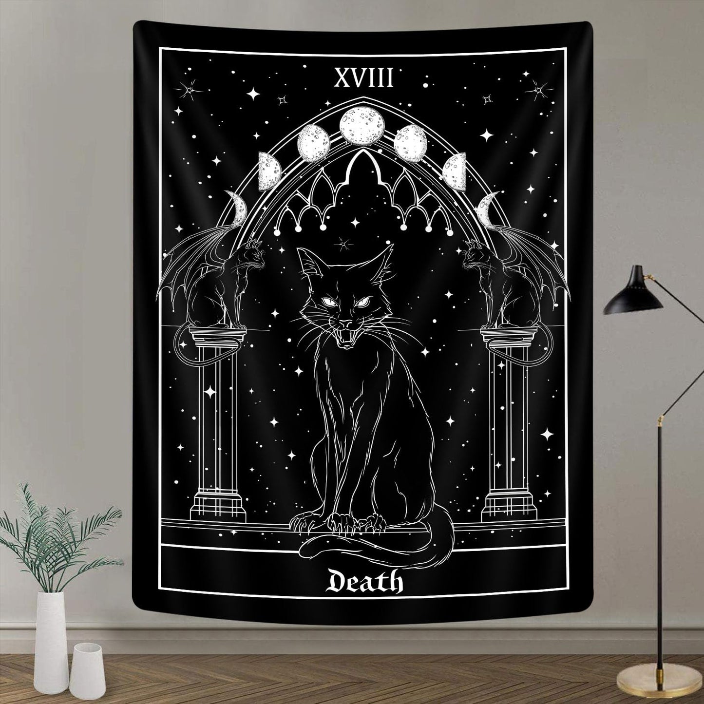 Goth Black Cat Tapestry, Gothic Tarot Witch Vertical Wall Hanging For Men, Black And White Aesthetic Anime Witchcraft Art For Bedroom Living Room Poster, 40X60Inch