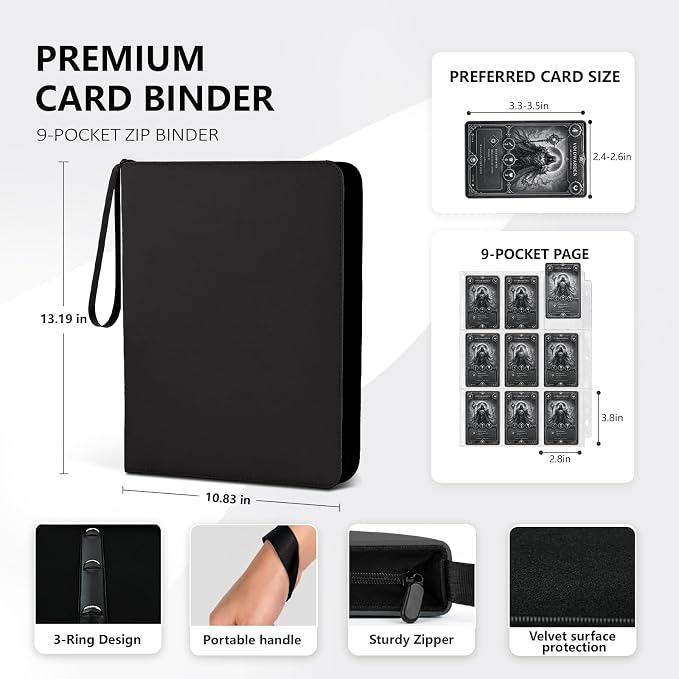 9 Pocket Trading Card Zip Binder - Holds 1080 Cards, 60 Pages Large-Capacity,Double-Sided Removable Sleeves, Suitable for Game Cards/Sports Cards Storage,Black