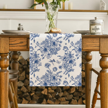 Artoid Mode Spring Navy Blue Floral Chinoiserie Table Runner, Seasonal Summer Kitchen Dining Table Decoration for Home Party Decor 13x90 Inch
