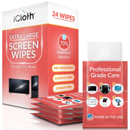 iCloth XL Wipe - 9x12 Inch Electronics Cleaning Wipe, 70% Isopropyl Alcohol, Individually Sealed - Streak-Free, Lint-Free, Restores Optical Clarity - TV, Monitor, Laptop (24 Wipes)