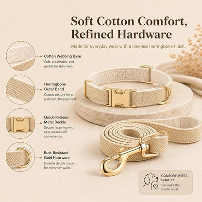 Herringbone Tweed Dog Collar and Leash Set for Small Dogs, Light Beige | Snag-free, no-rub design. Soft breathable cotton, gentle on fur. Adjustable durable matching combo for walks & outdoors.