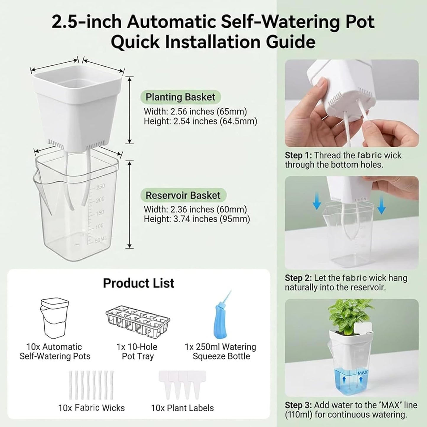 DIGARDPRO 10 Pack 2.5" Self Watering Pots for Indoor Plants with Anti-Tip Tray & Reservoir Refill Bottle, Seed Starter Kit for Seedlings, Cuttings, Succulents, Herbs
