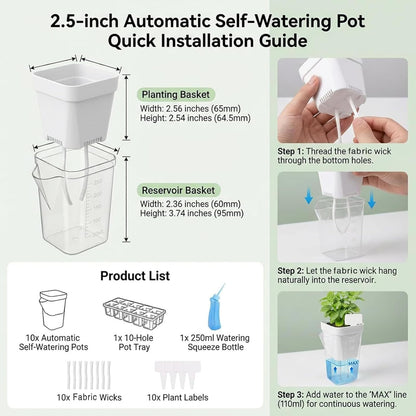 DIGARDPRO 10 Pack 2.5" Self Watering Pots for Indoor Plants with Anti-Tip Tray & Reservoir Refill Bottle, Seed Starter Kit for Seedlings, Cuttings, Succulents, Herbs