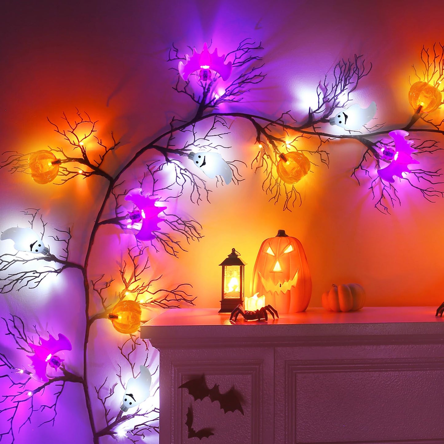 Joyhalo Halloween Garland with Lights Decorations with Pumpkin & Bat & Ghost Lights,Battery Operated 6FT 45 LED Halloween Willow Vine Twig Garland for Mantle,Wall,Fireplace and Halloween Decorations