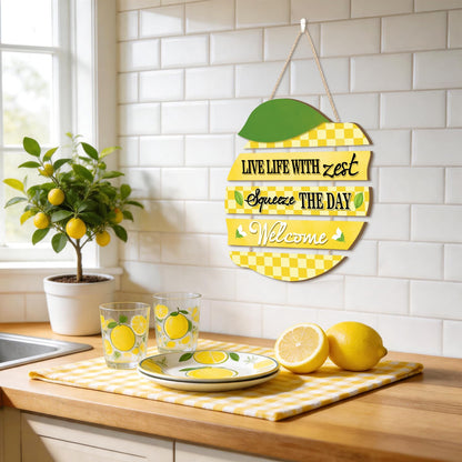 HOURIA Summer Lemon Welcome Front Door Sign Hanging(11.4"x11.5"), Checkered Lemon Wreath Rustic Wooden Wall Decor,Funny Welcome Decorations for Classroom Porch Home Kitchen,Housewarming Gift